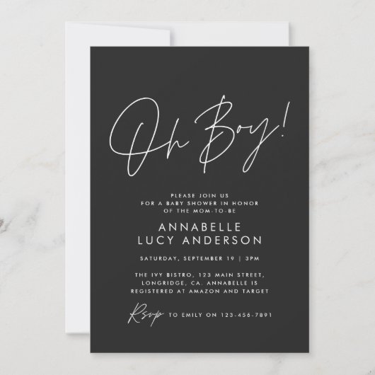 Invitation oh Boy baby shower script bébé noir élégant (Devant)