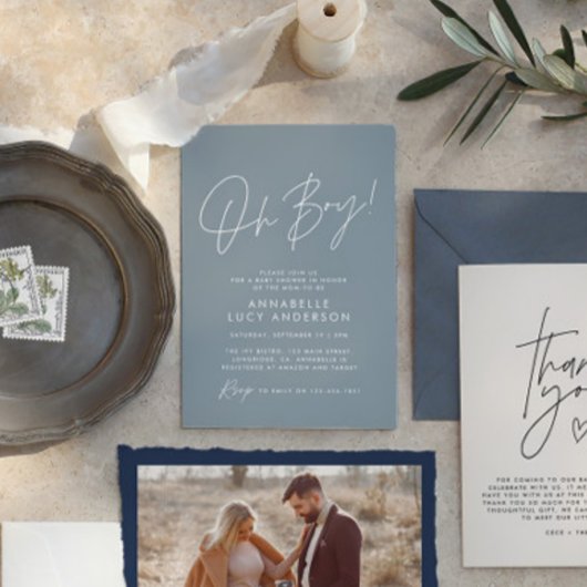 Invitation oh Boy baby shower script moderne bébé bleu élégan