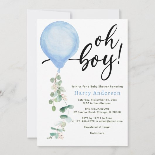 Invitation Oh Boy ballon verdure eucalyptus baby shower Inv (Devant)
