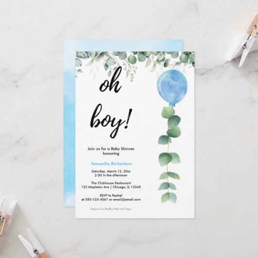 Invitation Oh Boy ballon verdure eucalyptus shower bébé (Devant/Arrière en situation)