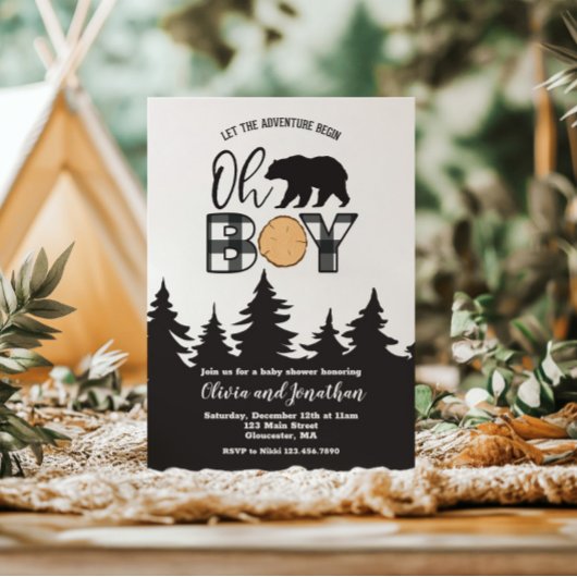 Invitation Oh Boy Bear Buffalo Plaid Baby shower