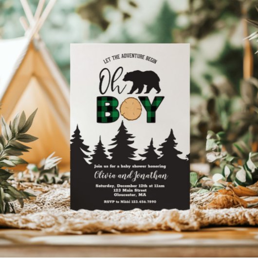 Invitation Oh Boy Bear Buffalo Plaid Baby shower