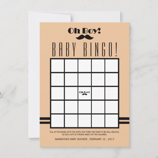 Invitation Oh Boy Black Mustache Baby shower Bingo (Devant)