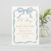 Invitation Oh boy Bleu Ruban Cute Baby shower élégant (Debout devant)