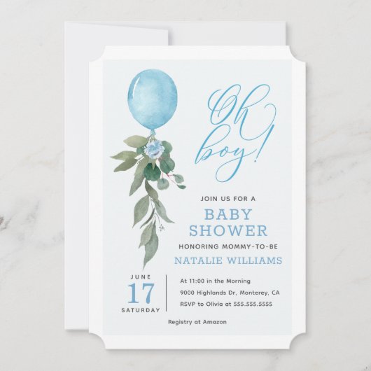 Invitation Oh Boy Blue Balloon Baby shower de verdure (Devant)