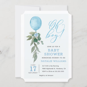 Invitation Oh Boy Blue Balloon Baby shower de verdure