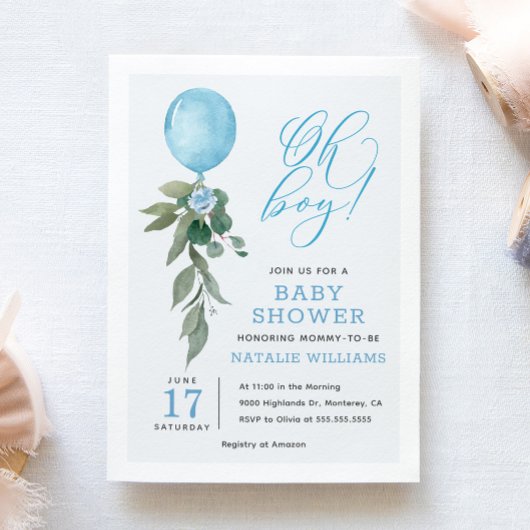 Invitation Oh Boy Blue Balloon Baby shower de verdure