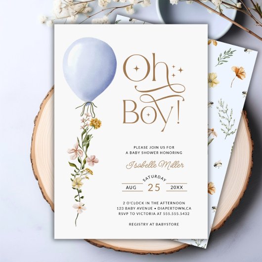 Invitation Oh Boy Blue Balloon Fleur sauvage Baby shower