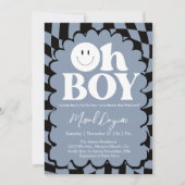 Invitation Oh Boy! Blue Checkered Happy Face Baby Shower (Devant)