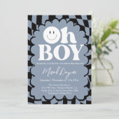 Invitation Oh Boy! Blue Checkered Happy Face Baby Shower (Debout devant)