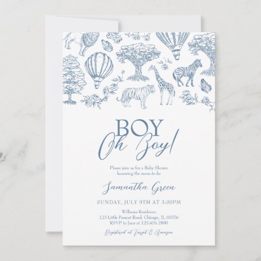 Invitation Oh Boy Blue Chinoiserie Baby shower Safari (Devant)