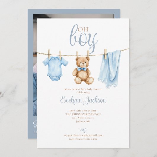 Invitation Oh Boy Blue Clothesline Baby Shower Photo QR Code (Devant / Derrière)