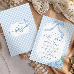 Invitation Oh Boy Blue En vichy Plaid Baby shower Hydrangea