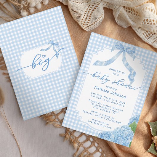 Invitation Oh Boy Blue En vichy Plaid Baby shower Hydrangea