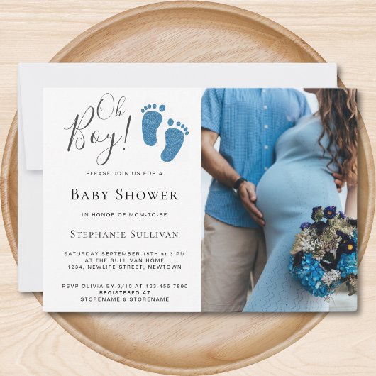 Invitation Oh Boy Blue Glitter Feet Photo Baby Shower