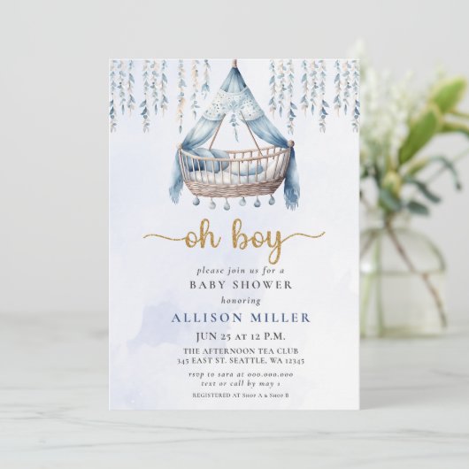 Invitation Oh Boy Blue Gold Crib Boho Baby shower garçon (Debout devant)