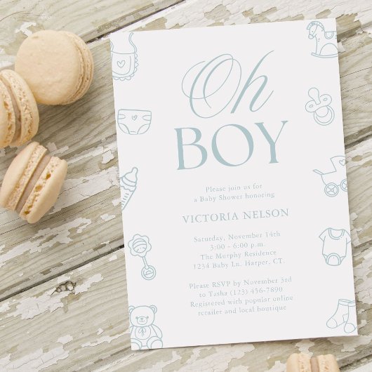 Invitation Oh Boy Blue Hand Drawn Baby Shower