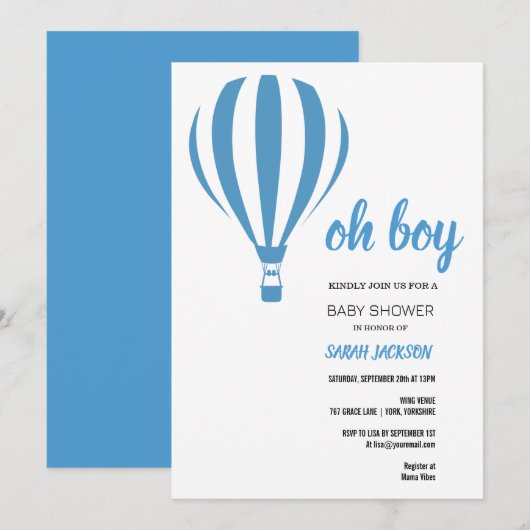 Invitation Oh Boy Blue Hot Air Baby shower (Devant / Derrière)