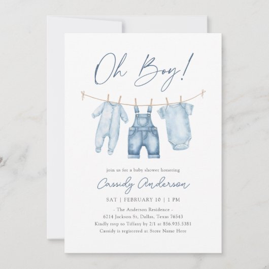 Invitation Oh Boy Blue Jean Denim Baby shower (Devant)