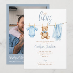 Invitation Oh Boy Blue Linge à Linge Baby Shower Photo QR Cod