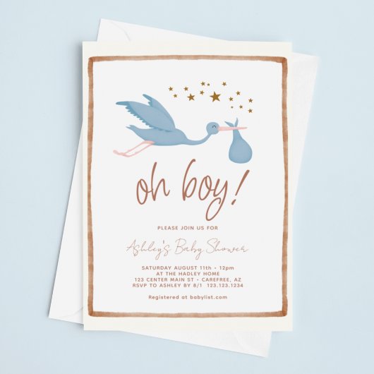 Invitation Oh Boy Boho Baby shower de cigogne