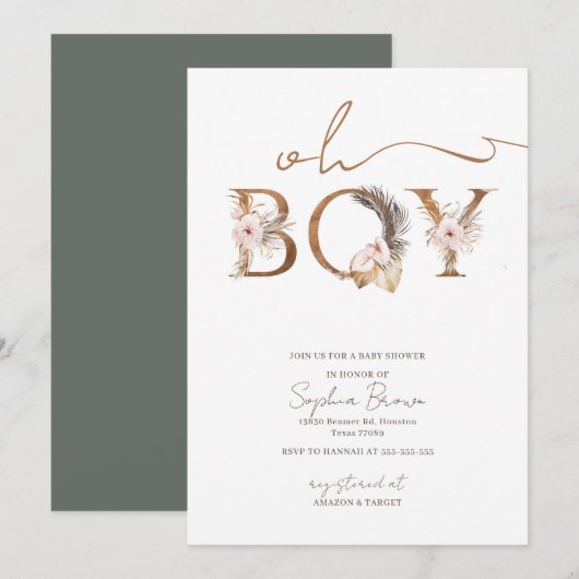 Invitation Oh Boy Boho Fleurs tropicales Baby shower garçon (Devant / Derrière)