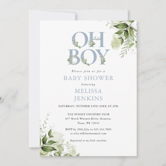 Invitation Oh Boy Botanical Greenery Dusty Blue Baby shower (Devant)