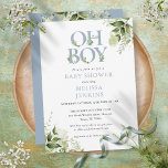 Invitation Oh Boy Botanical Greenery Dusty Blue Baby shower<br><div class="desc">Oh garçon baby shower invitation avec élégante typographie bleu poussiéreux et joli feuillage botanique verdoyant. Conçu par Thisisnotme©</div>