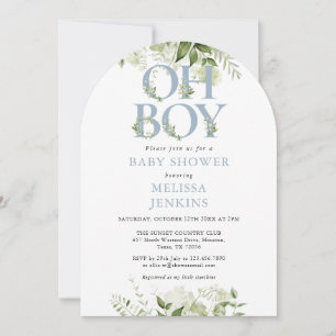 Invitation Oh Boy Botanical Greenery Dusty Blue Baby shower