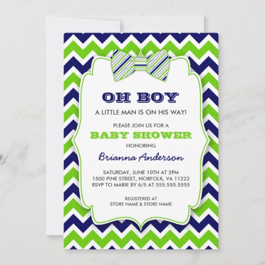 Invitation OH BOY Bow cravate baby shower / chevron vert mari (Devant)