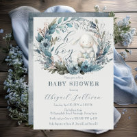 Oh Boy Bunny Rabbit Blue Floral Wreath Baby Shower