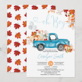 Invitation Oh Boy Citrouille Blue Truck Baby shower d'automne (Devant / Derrière)