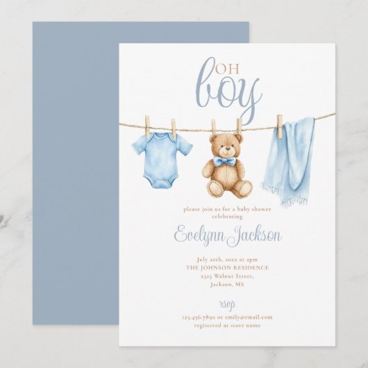 Invitation Oh Boy Cute Blue Clothesline Baby Shower (Devant / Derrière)