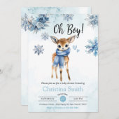 Invitation Oh Boy Cute Blue Deer Snowflake Baby Boy douche (Devant / Derrière)