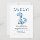 Invitation Oh Boy Cute Blue Dinosaur Code QR Baby Shower (Devant)