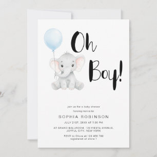 Invitation Oh Boy Cute Elephant Bold Baby shower de typograph
