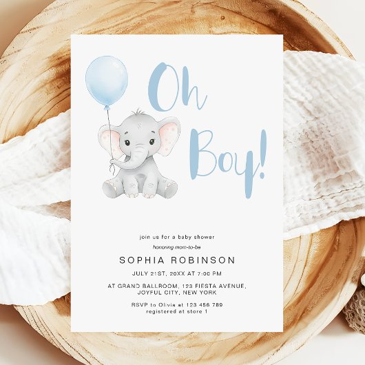 Invitation Oh Boy Cute Elephant Pastel Baby shower