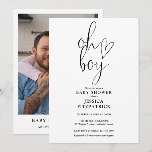 Invitation Oh Boy Cute Heart Script Baby shower photo (Devant / Derrière)