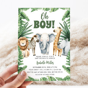 Invitation Oh Boy Cute Safari Animal Green Baby shower Garçon