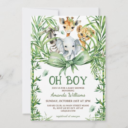 Invitation Oh Boy Cute Safari Animaux Baby shower (Devant)