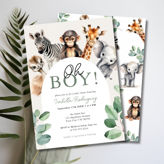 Invitation Oh Boy Cute Safari Animaux Baby shower verdoyant