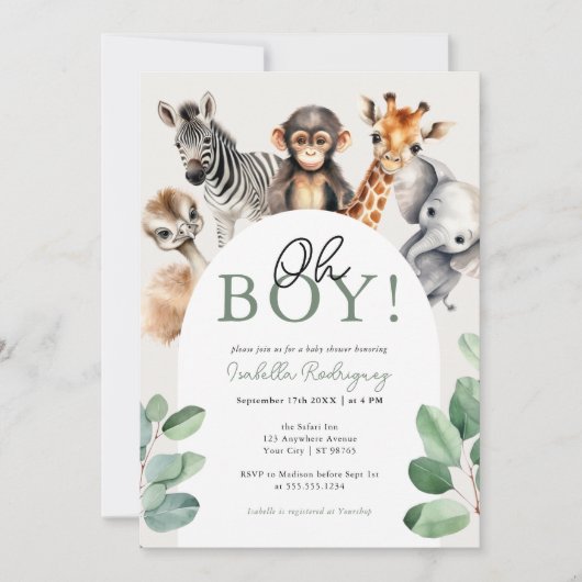 Invitation Oh Boy Cute Safari Animaux Baby shower verdoyant (Devant)