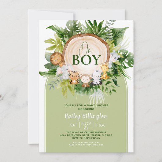 Invitation Oh Boy Cute Safari Jungle Baby shower d'aquarelle (Devant)