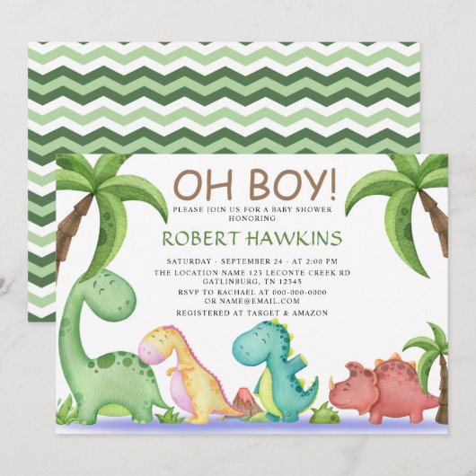 Invitation Oh Boy Dinosaur Baby shower (Devant / Derrière)
