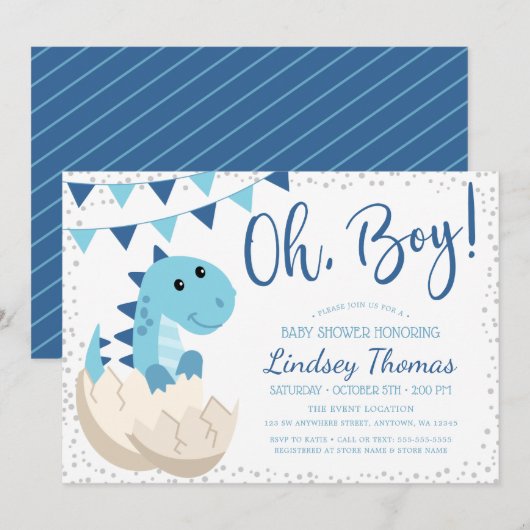 Invitation Oh Boy Dinosaur Baby shower bleu marine (Devant / Derrière)