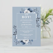 Invitation Oh Boy Dusty Blue Floral Baby shower photo (Debout devant)