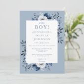 Invitation Oh Boy Dusty Blue Floral Baby shower photo (Debout devant)