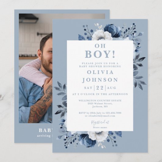 Invitation Oh Boy Dusty Blue Floral Baby shower photo (Devant / Derrière)