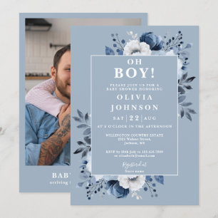 Invitation Oh Boy Dusty Blue Floral Photo Baby Shower