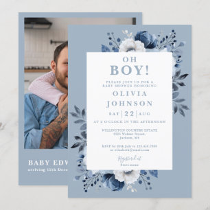 Invitation Oh Boy Dusty Blue Floral Photo QR Baby Shower